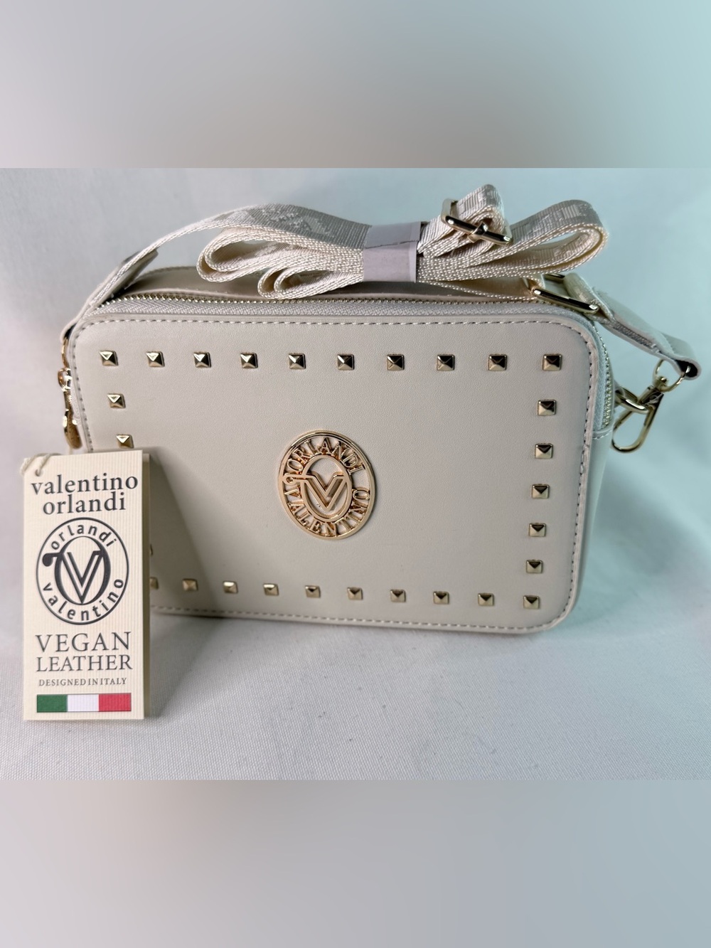 Valentino Orlandi Cream Crossbody Bag with Embossed Guitar Strap &Gold Detaill